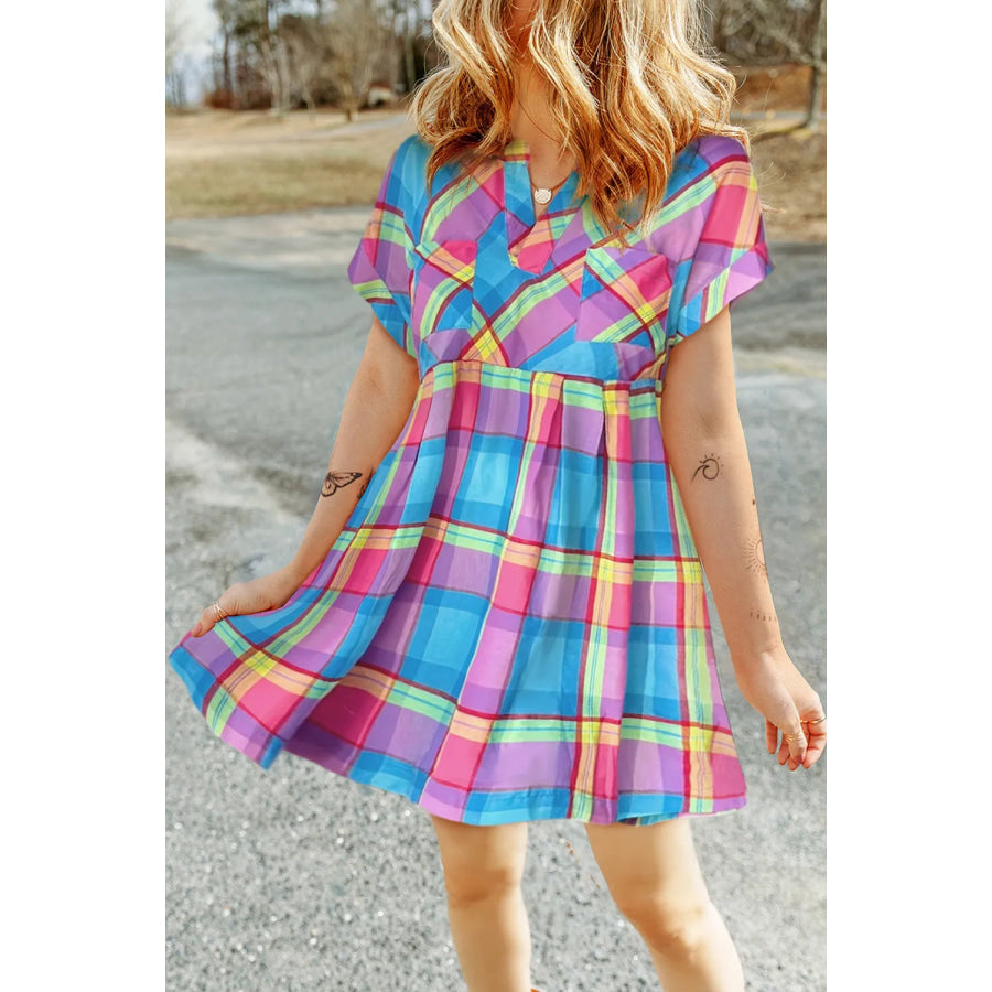 Plaid Notched Short Sleeve Mini Dress Plaid / S Apparel and Accessories