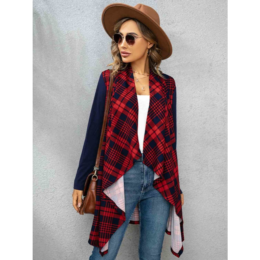 Plaid Open Front Cardigan Deep Red / S