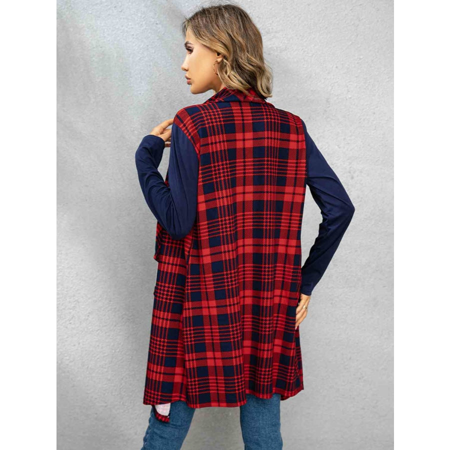 Plaid Open Front Cardigan Deep Red / S