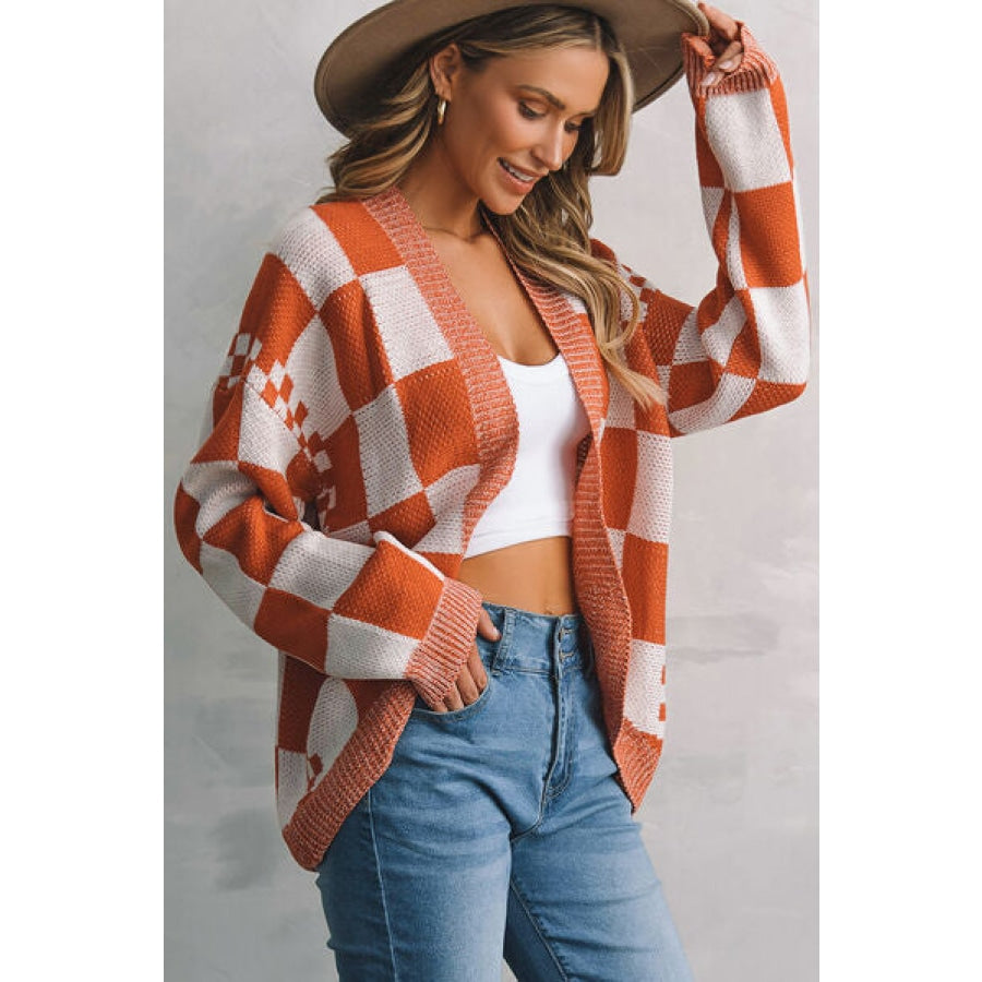 Plaid Open Front Dropped Shoulder Cardigan Clothing