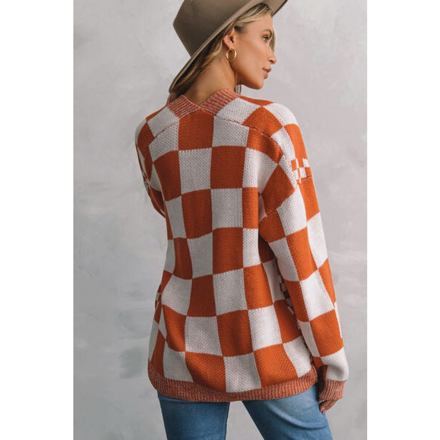 Plaid Open Front Dropped Shoulder Cardigan Pumpkin / S Clothing