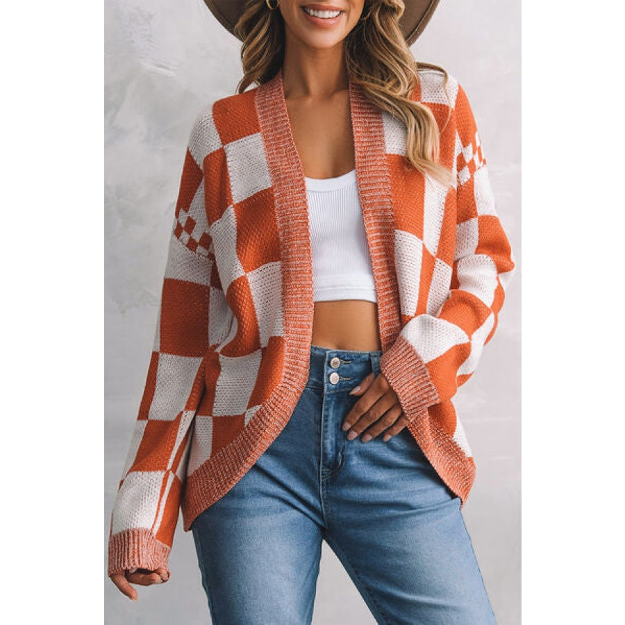 Plaid Open Front Dropped Shoulder Cardigan Pumpkin / S Clothing