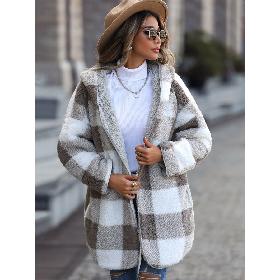 Plaid Open Front Hooded Coat Charcoal / S