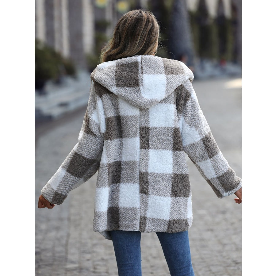 Plaid Open Front Hooded Coat