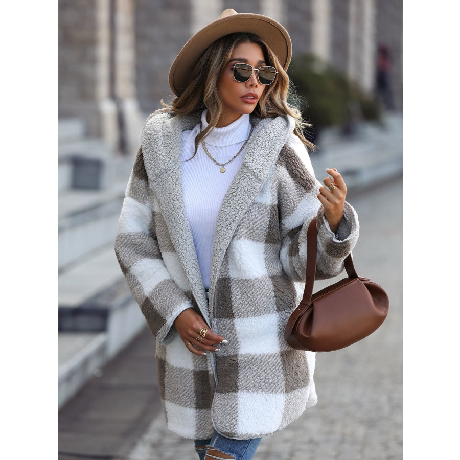 Plaid Open Front Hooded Coat