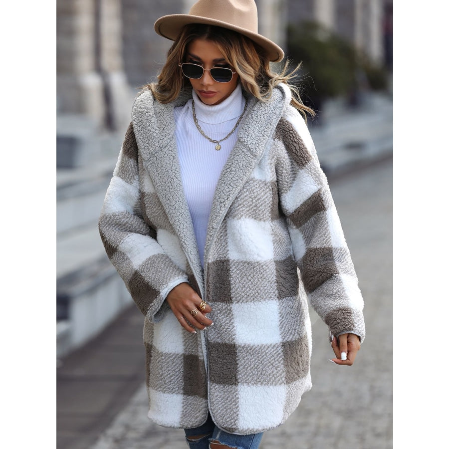 Plaid Open Front Hooded Coat