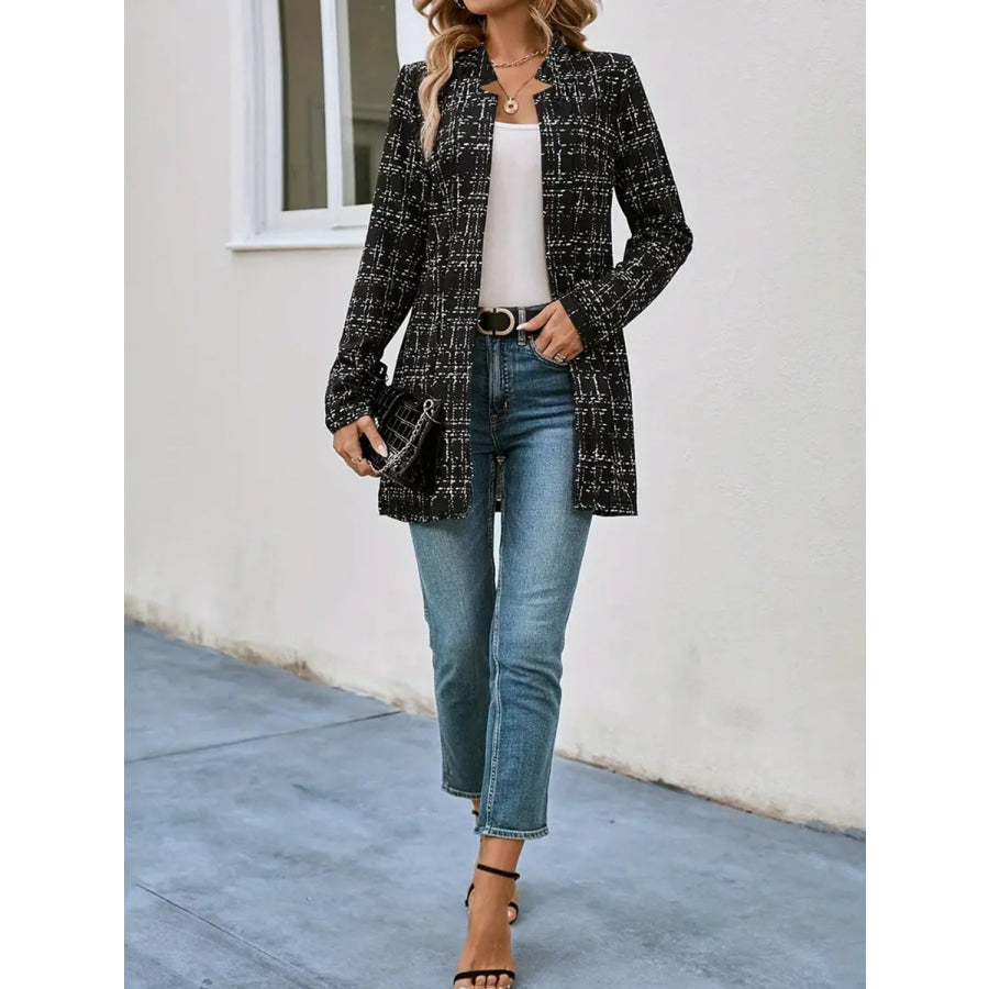 Plaid Open Front Long Sleeve Blazer Apparel and Accessories