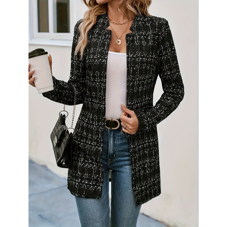 Plaid Open Front Long Sleeve Blazer Black / S Apparel and Accessories