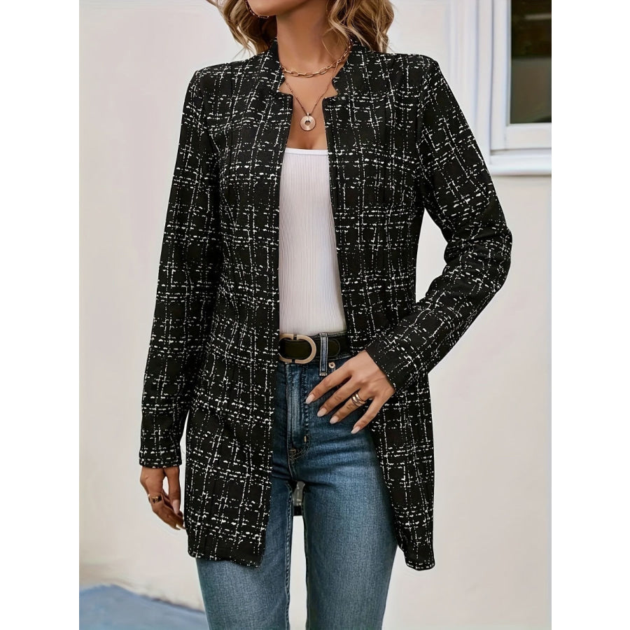 Plaid Open Front Long Sleeve Blazer Black / S Apparel and Accessories