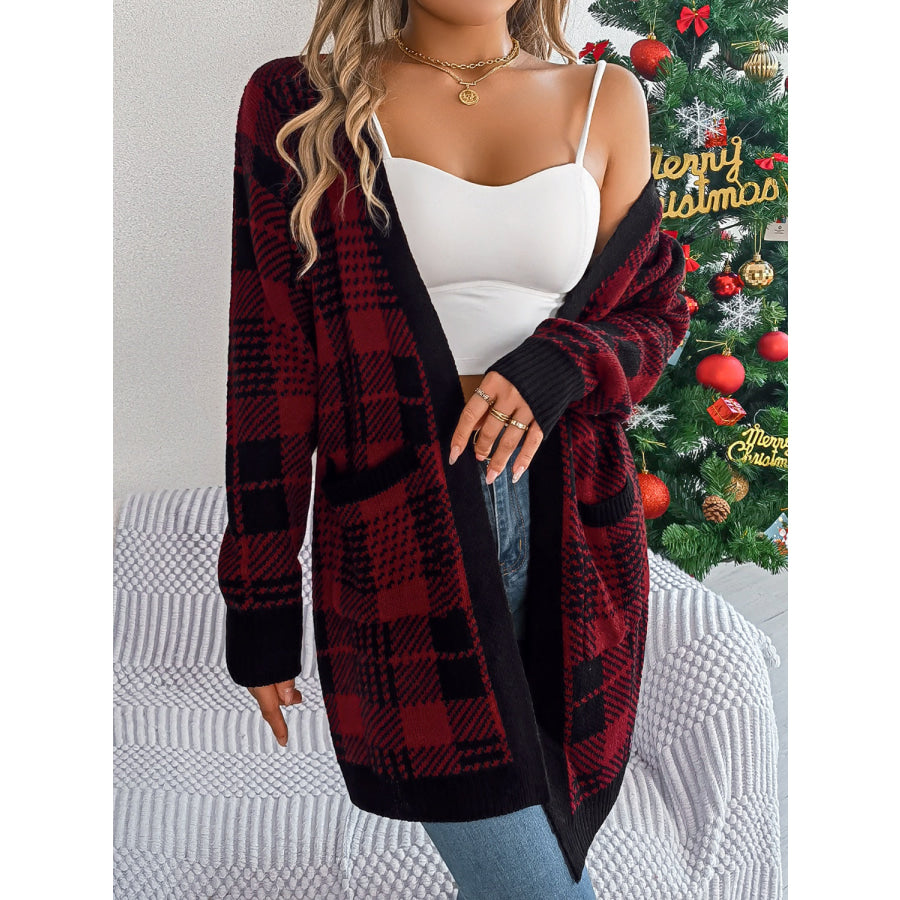 Plaid Open Front Long Sleeve Cardigan Apparel and Accessories