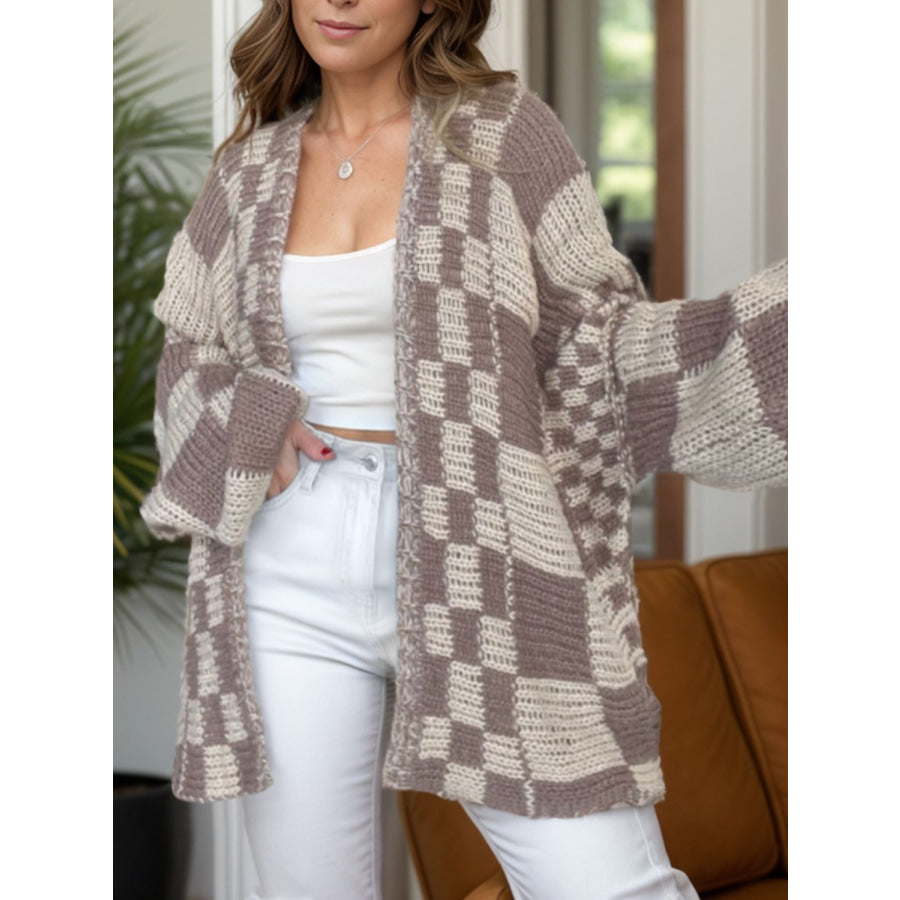 Plaid Open Front Long Sleeve Cardigan Mocha / S Apparel and Accessories