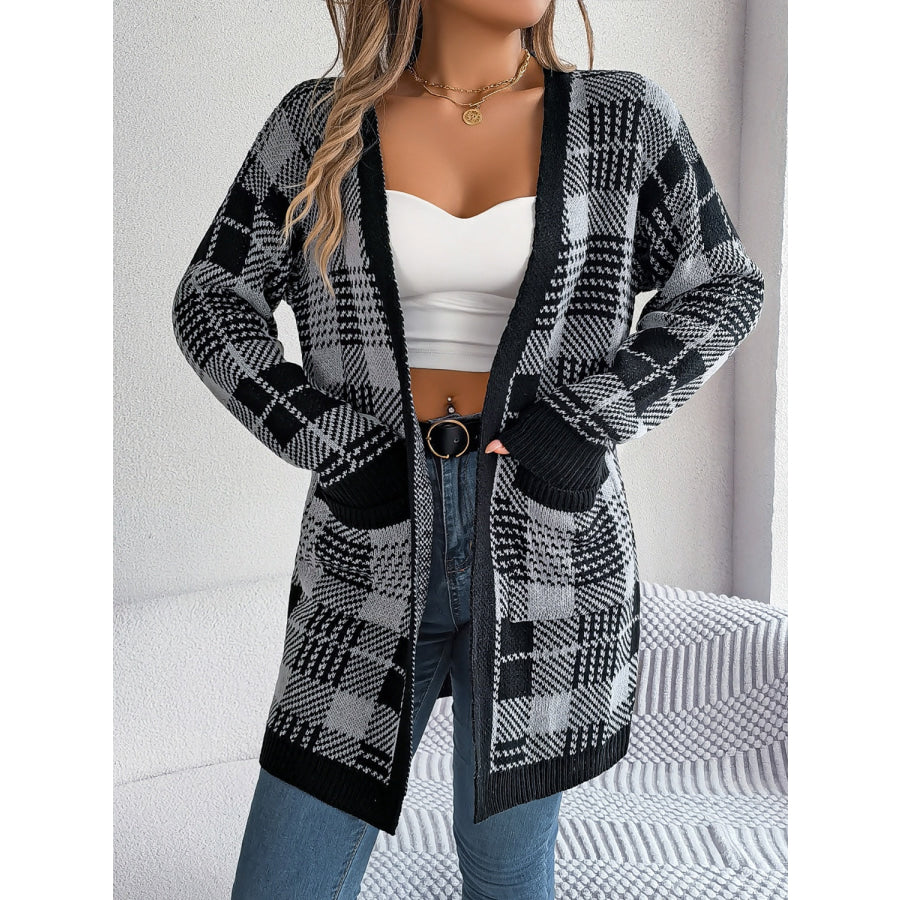 Plaid Open Front Long Sleeve Cardigan Apparel and Accessories