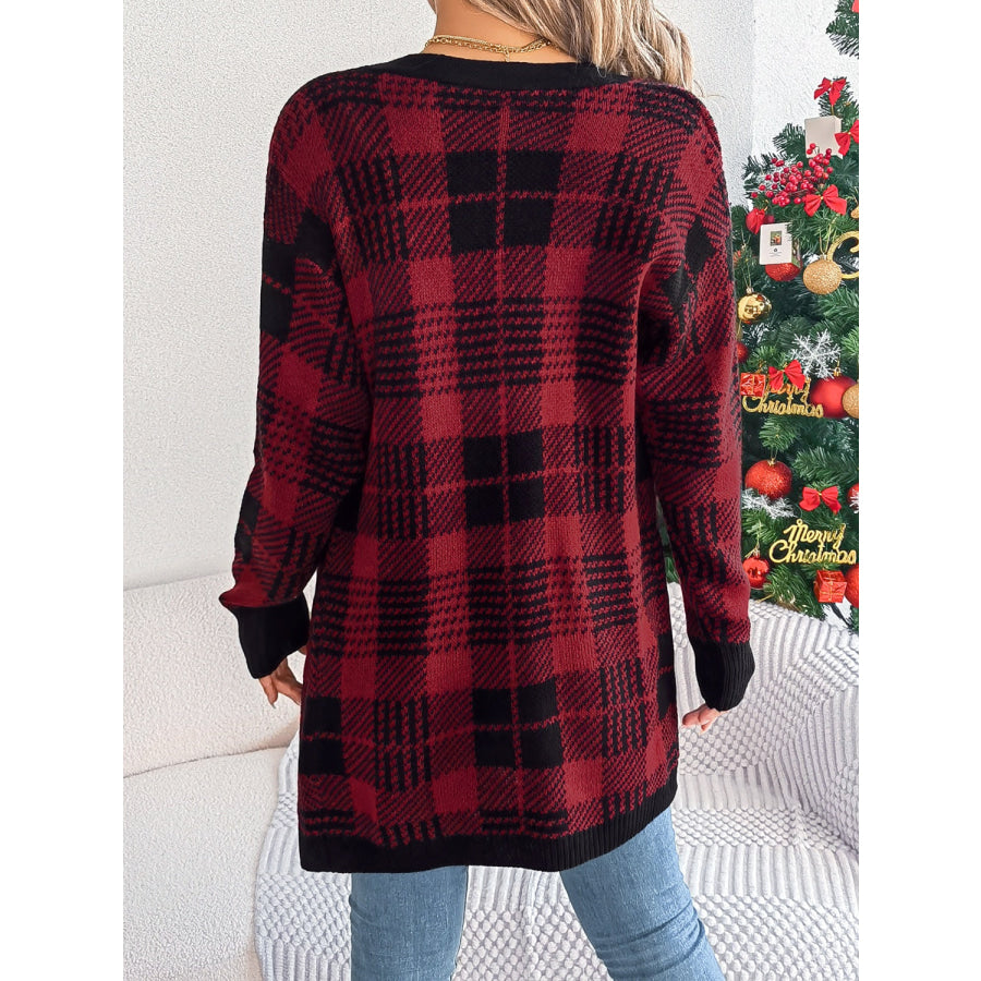 Plaid Open Front Long Sleeve Cardigan Apparel and Accessories