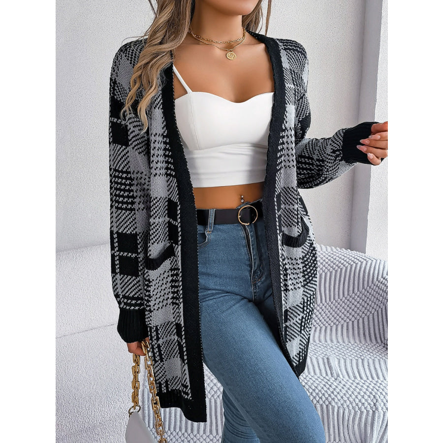 Plaid Open Front Long Sleeve Cardigan Apparel and Accessories