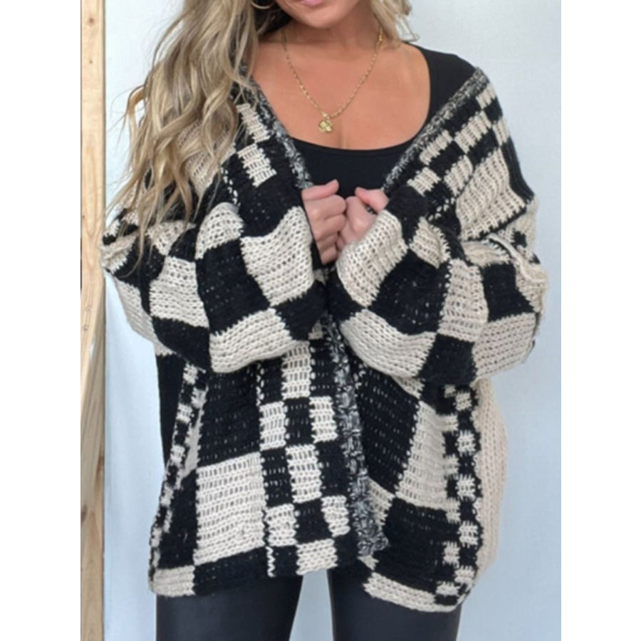 Plaid Open Front Long Sleeve Cardigan Black / S Apparel and Accessories