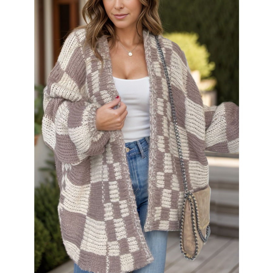 Plaid Open Front Long Sleeve Cardigan Mocha / S Apparel and Accessories