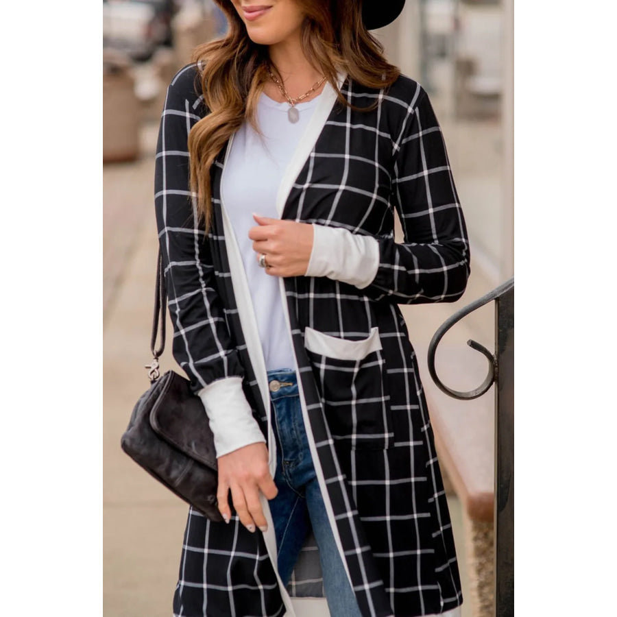 Plaid Open Front Long Sleeve Cover Up Black / S Apparel and Accessories