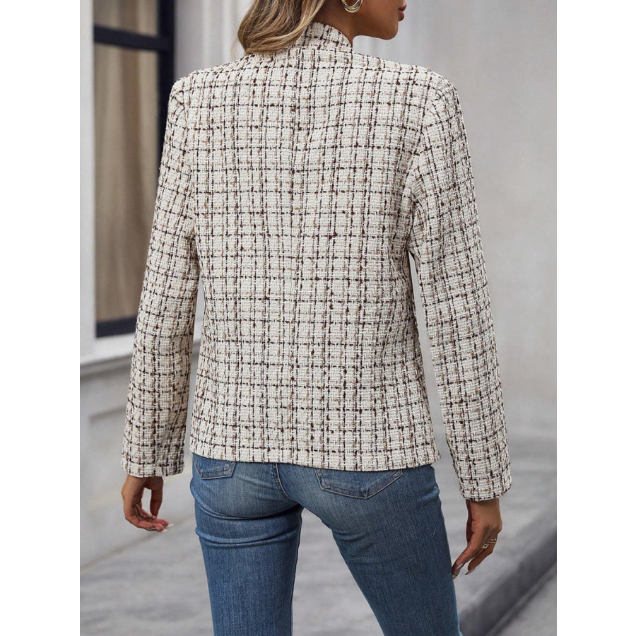 Plaid Open Front Long Sleeve Jacket Beige / S Apparel and Accessories