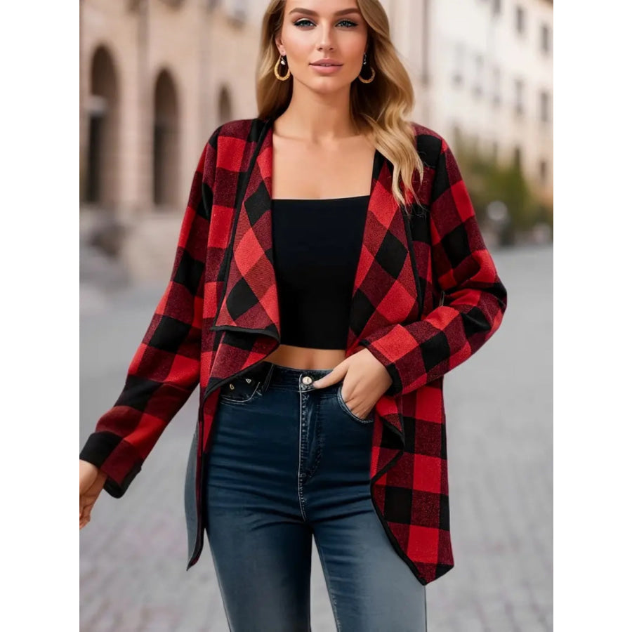 Plaid Open Front Long Sleeve Jacket Apparel and Accessories