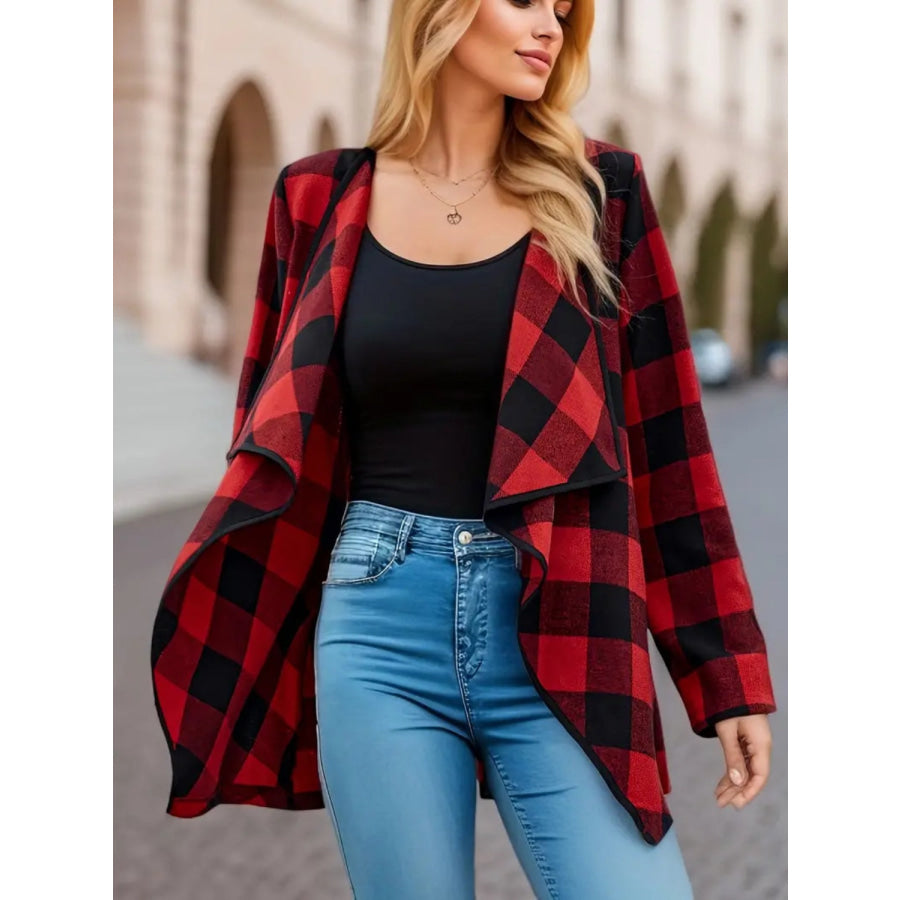 Plaid Open Front Long Sleeve Jacket Apparel and Accessories