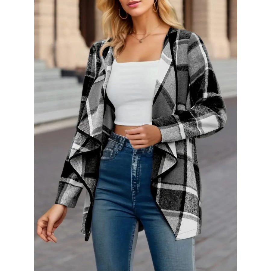 Plaid Open Front Long Sleeve Jacket Apparel and Accessories