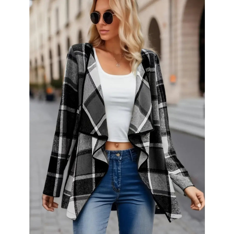 Plaid Open Front Long Sleeve Jacket Apparel and Accessories