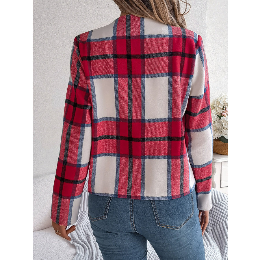 Plaid Open Front Long Sleeve Jacket Apparel and Accessories