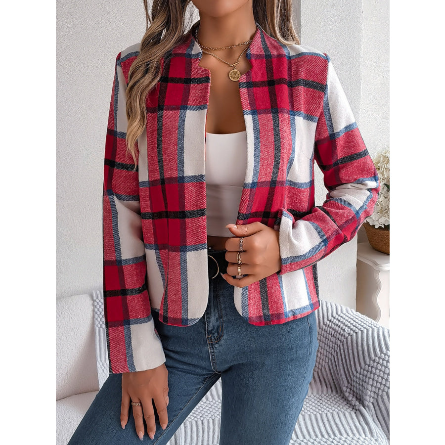 Plaid Open Front Long Sleeve Jacket Apparel and Accessories