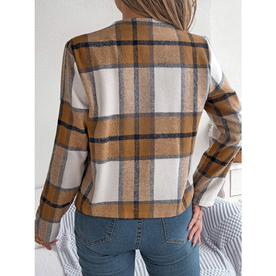 Plaid Open Front Long Sleeve Jacket Apparel and Accessories