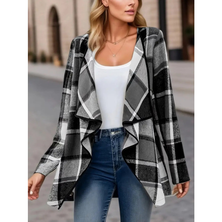 Plaid Open Front Long Sleeve Jacket Apparel and Accessories