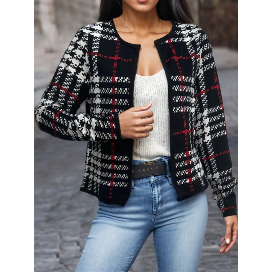 Plaid Open Front Long Sleeve Jacket Black / S Apparel and Accessories