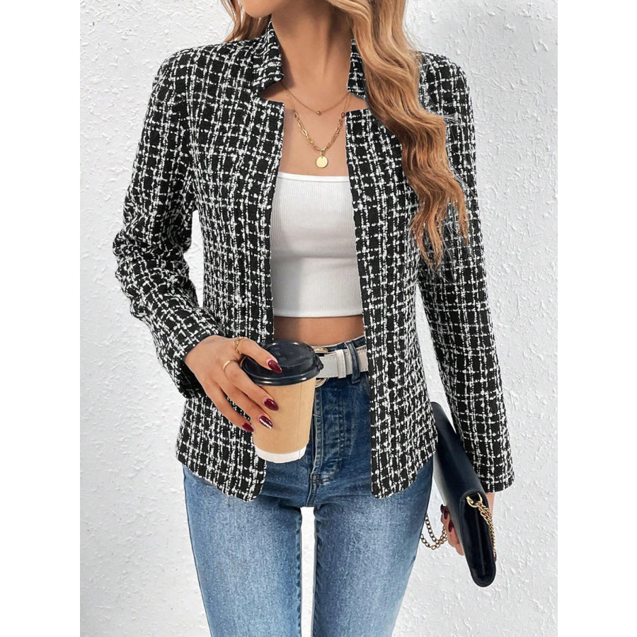 Plaid Open Front Long Sleeve Jacket Black / S Apparel and Accessories