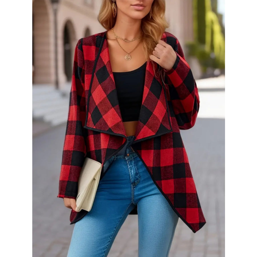 Plaid Open Front Long Sleeve Jacket Burgundy / S Apparel and Accessories