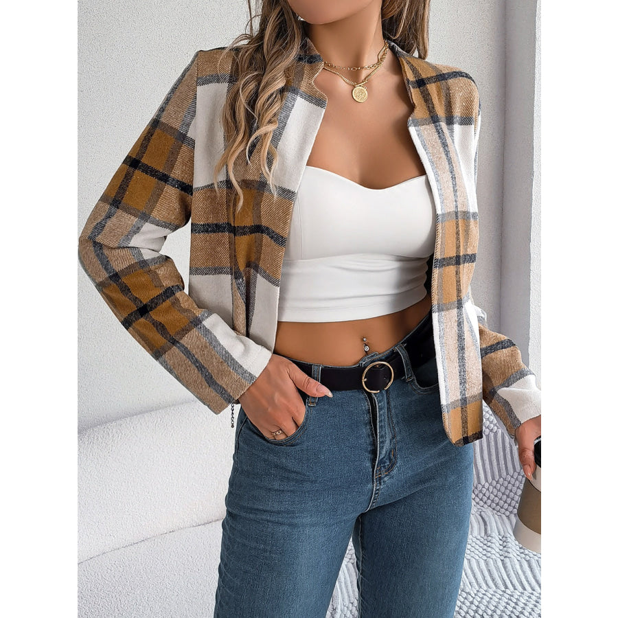 Plaid Open Front Long Sleeve Jacket Camel / S Apparel and Accessories