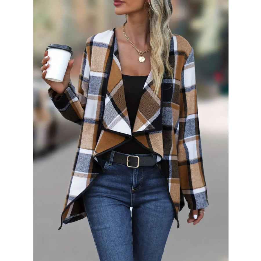 Plaid Open Front Long Sleeve Jacket Caramel / S Apparel and Accessories