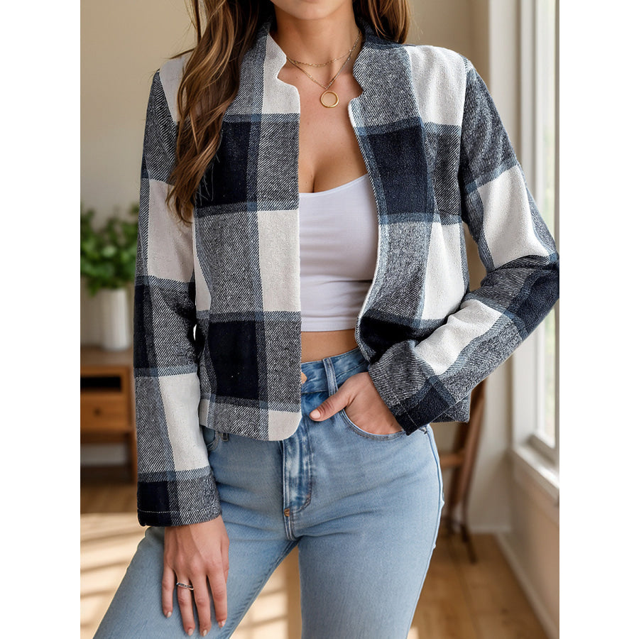 Plaid Open Front Long Sleeve Jacket Dark Blue / S Apparel and Accessories