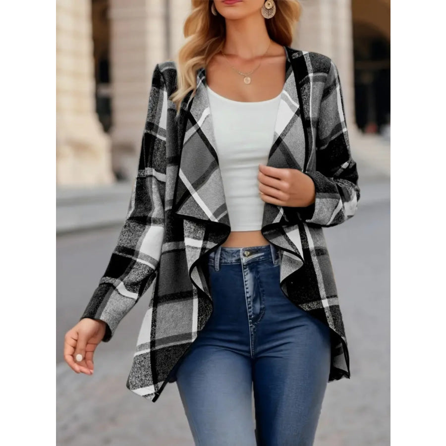 Plaid Open Front Long Sleeve Jacket Dark Gray / S Apparel and Accessories