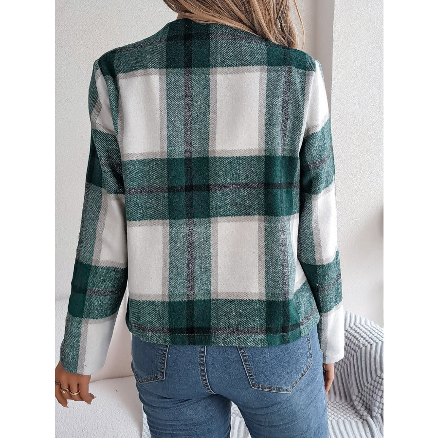 Plaid Open Front Long Sleeve Jacket Dark Green / S Apparel and Accessories