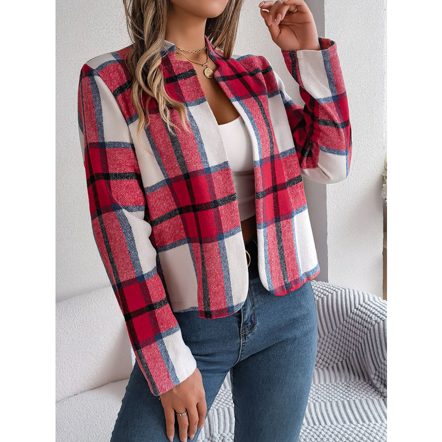 Plaid Open Front Long Sleeve Jacket Orange-Red / S Apparel and Accessories