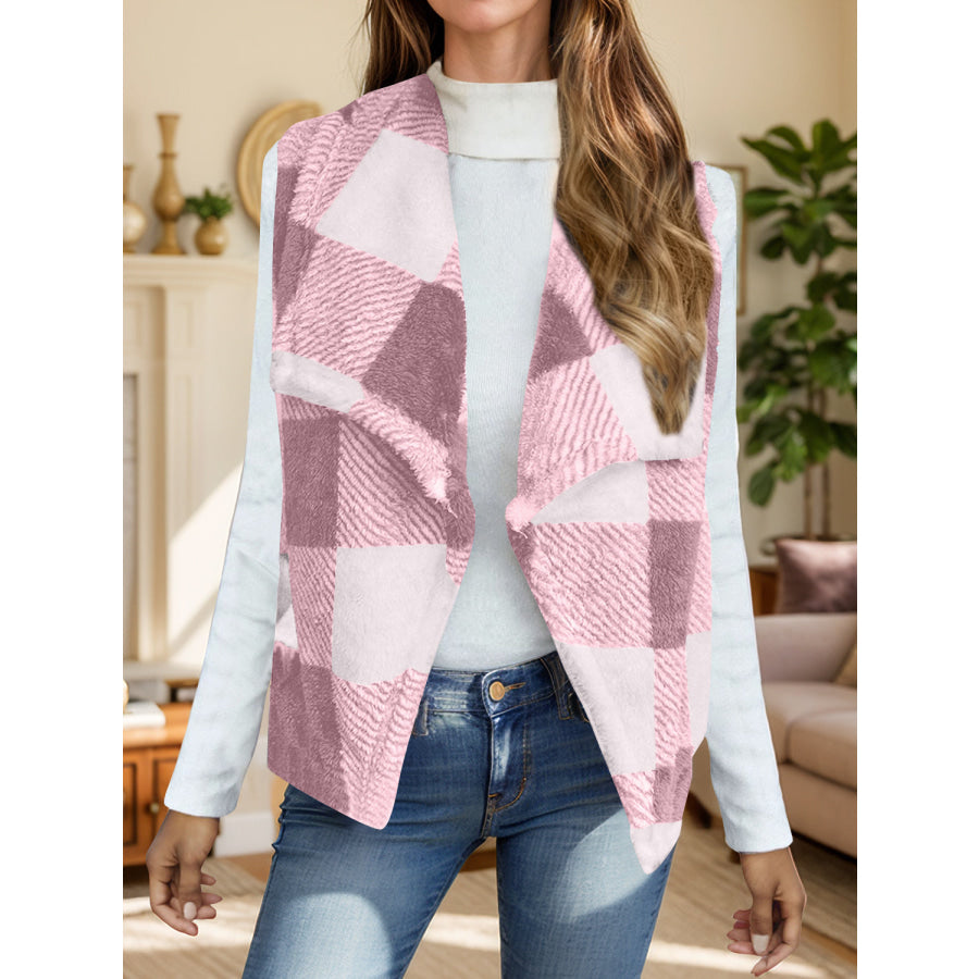 Plaid Open Front Vest Coat Blush Pink / S Apparel and Accessories