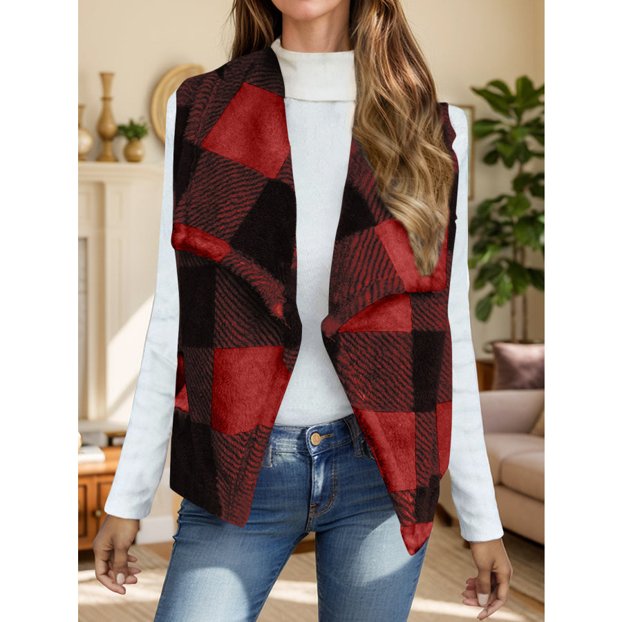 Plaid Open Front Vest Coat Burgundy / S Apparel and Accessories