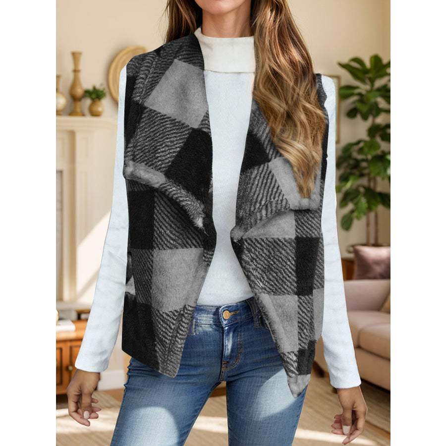 Plaid Open Front Vest Coat Dark Gray / S Apparel and Accessories