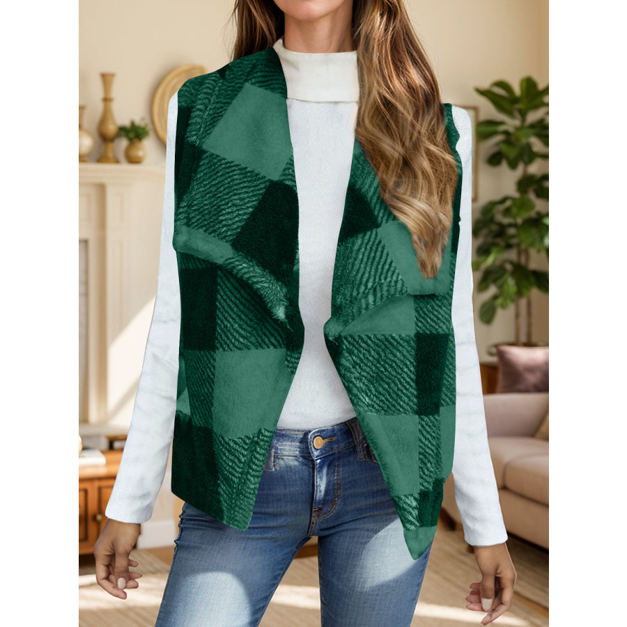 Plaid Open Front Vest Coat Dark Green / S Apparel and Accessories