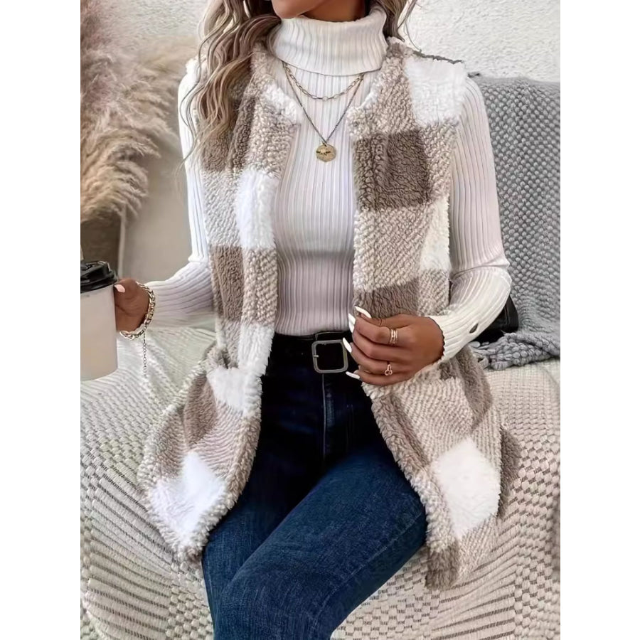 Plaid Open Front Vest Coat Mocha / S Apparel and Accessories