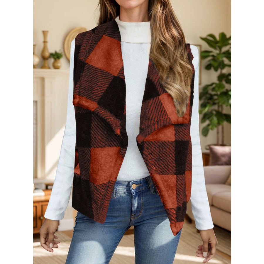 Plaid Open Front Vest Coat Orange-Red / S Apparel and Accessories