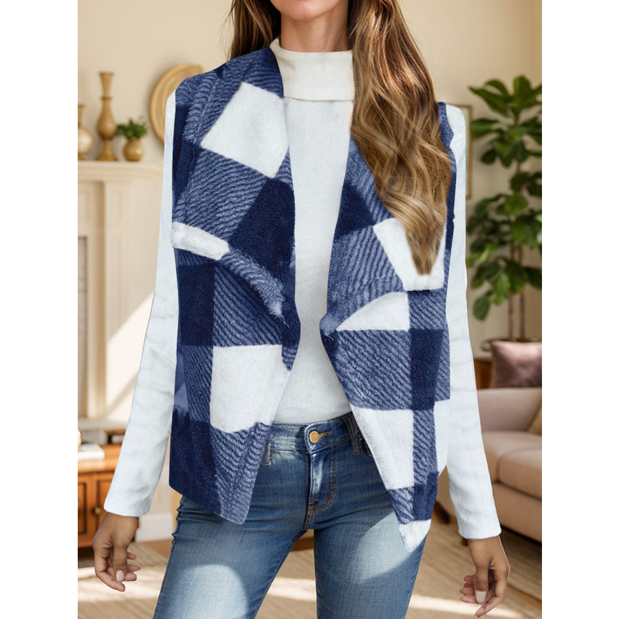 Plaid Open Front Vest Coat Royal Blue / S Apparel and Accessories