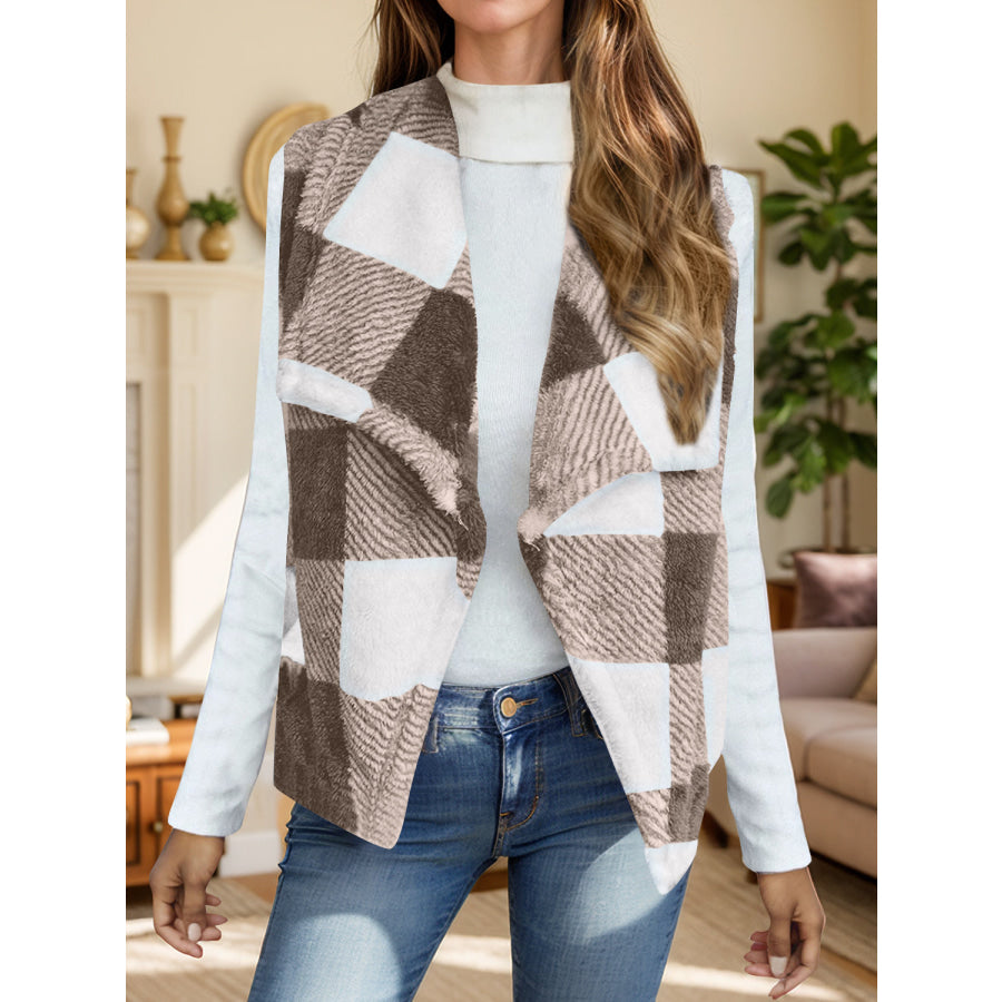 Plaid Open Front Vest Coat Taupe / S Apparel and Accessories