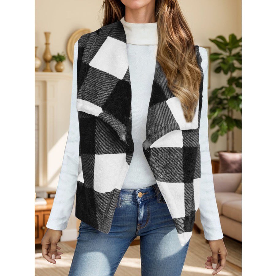 Plaid Open Front Vest Coat White / S Apparel and Accessories