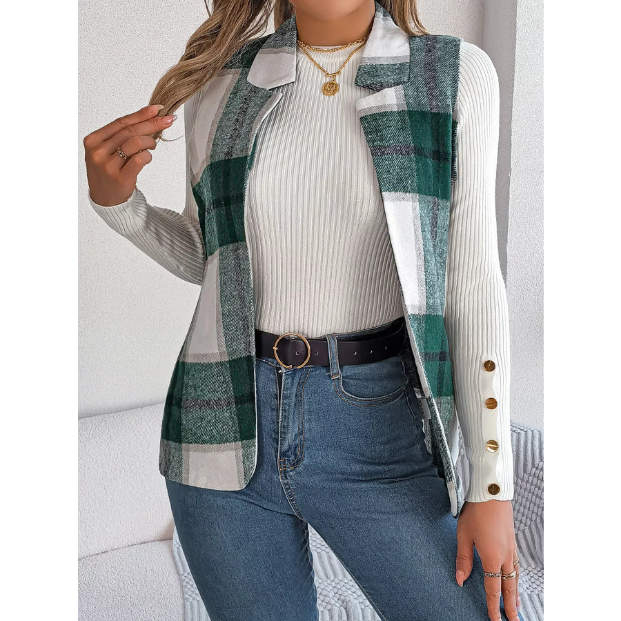 Plaid Open Front Vest Green / S Apparel and Accessories