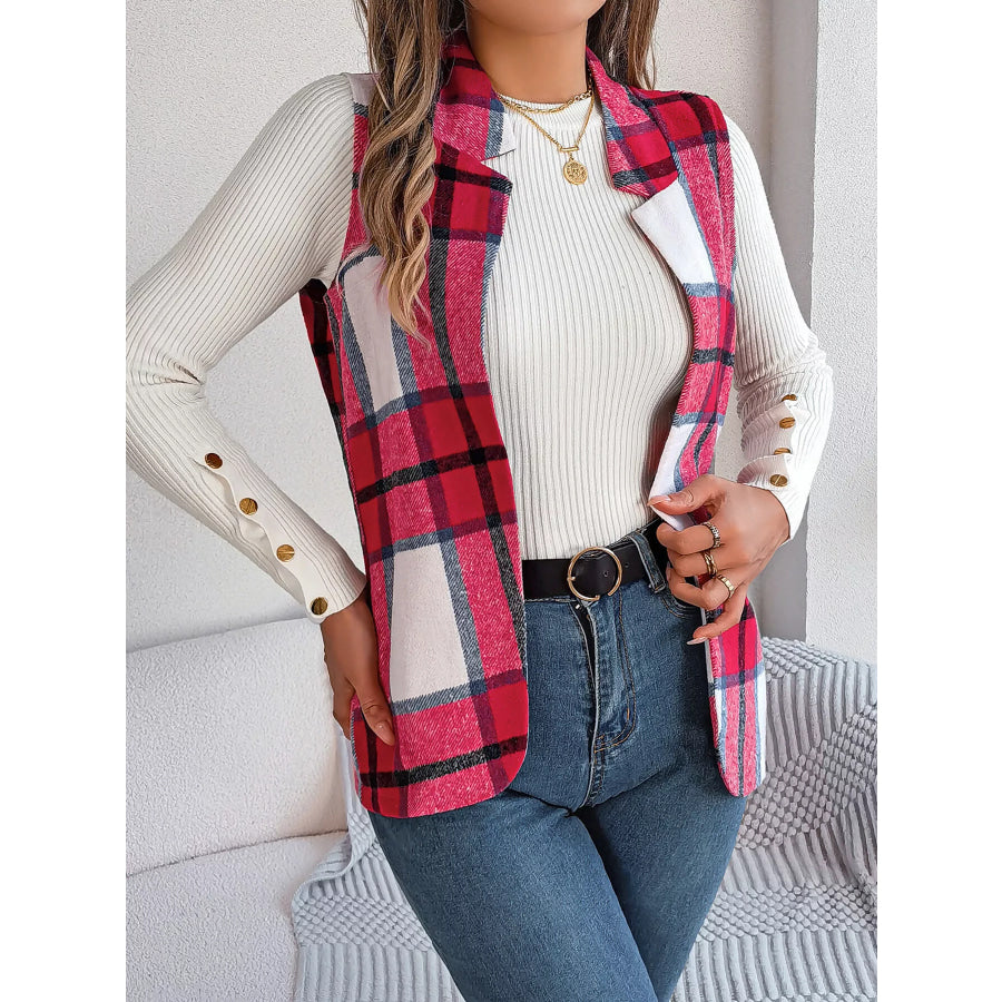 Plaid Open Front Vest Red / S Apparel and Accessories